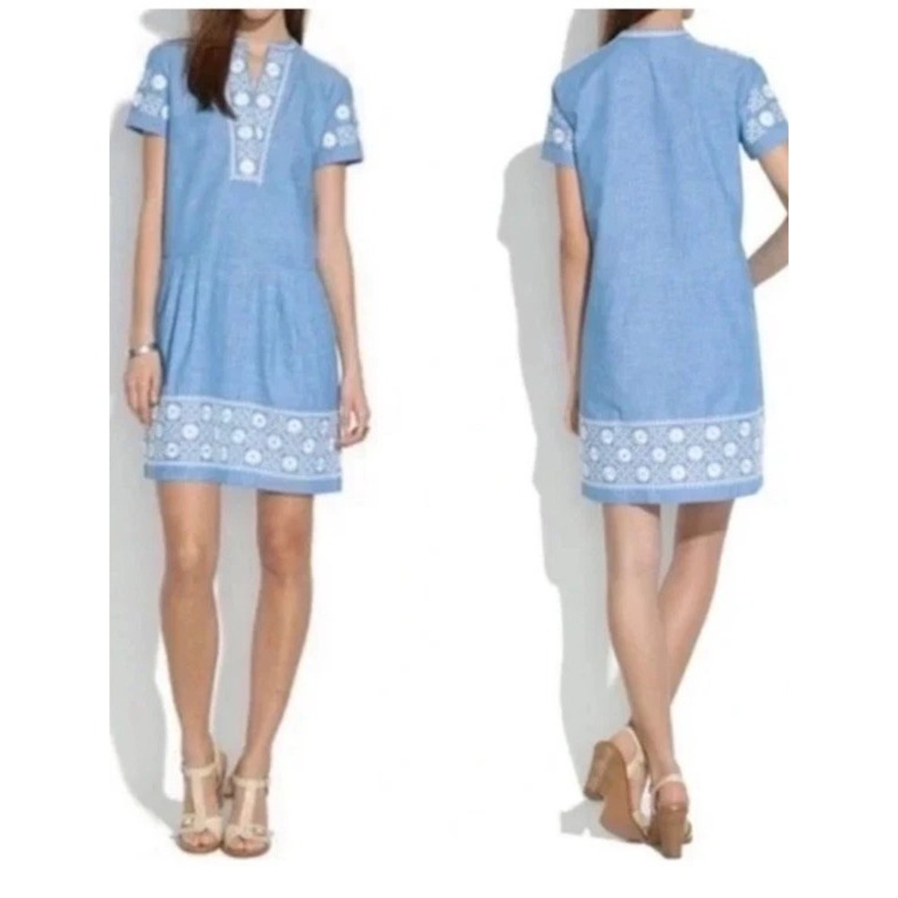 MADEWELL Chambray Sunstitch Tunic Dress Blue White Embroidered Womens Sz S Boho